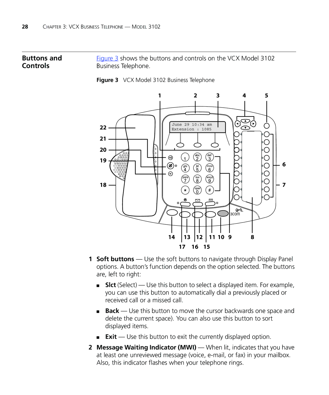 3Com VCX V7000 manual Business Telephone, Shows the buttons and controls on the VCX Model 