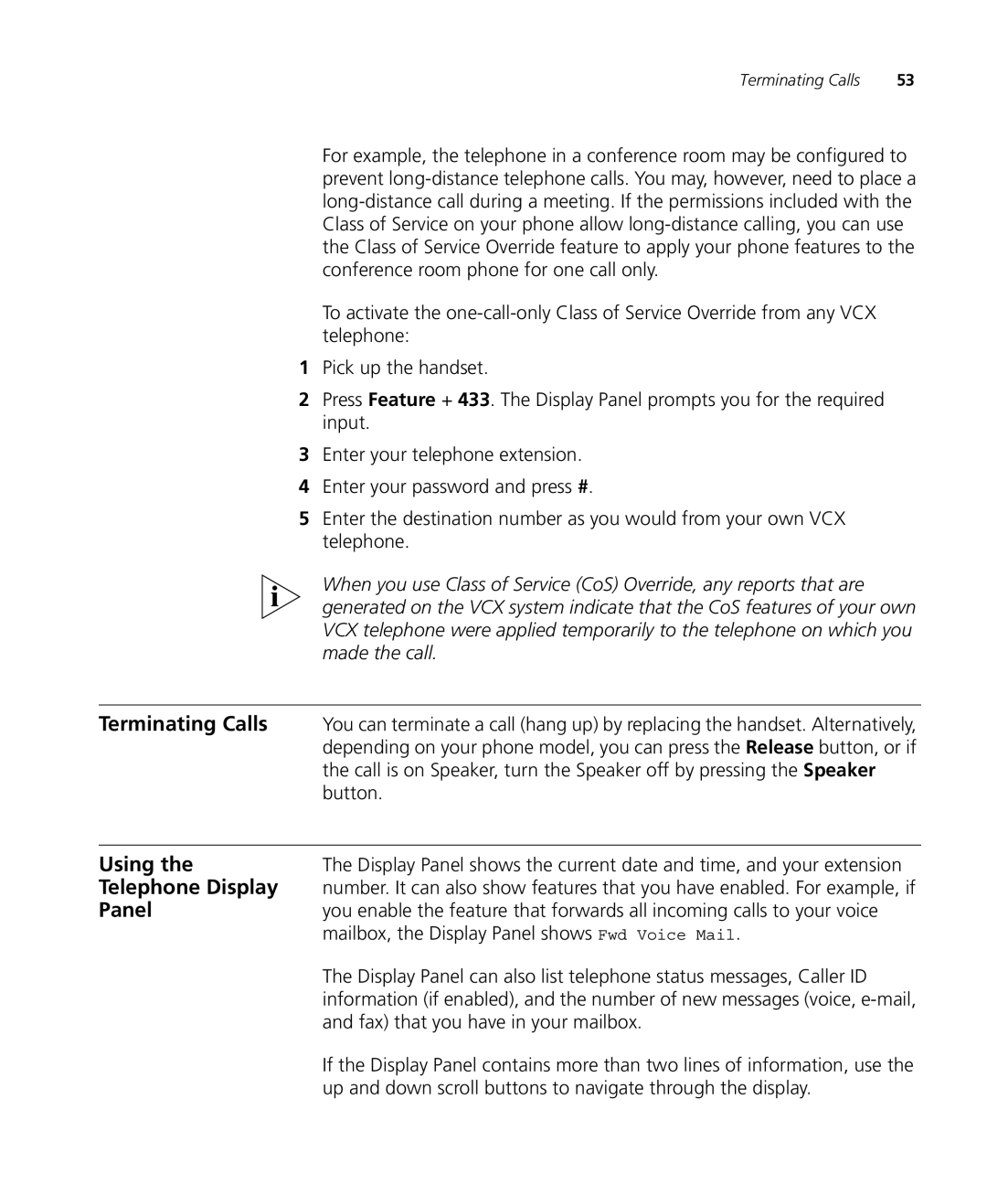3Com VCX V7000 manual Terminating Calls, Using, Telephone Display, Panel 
