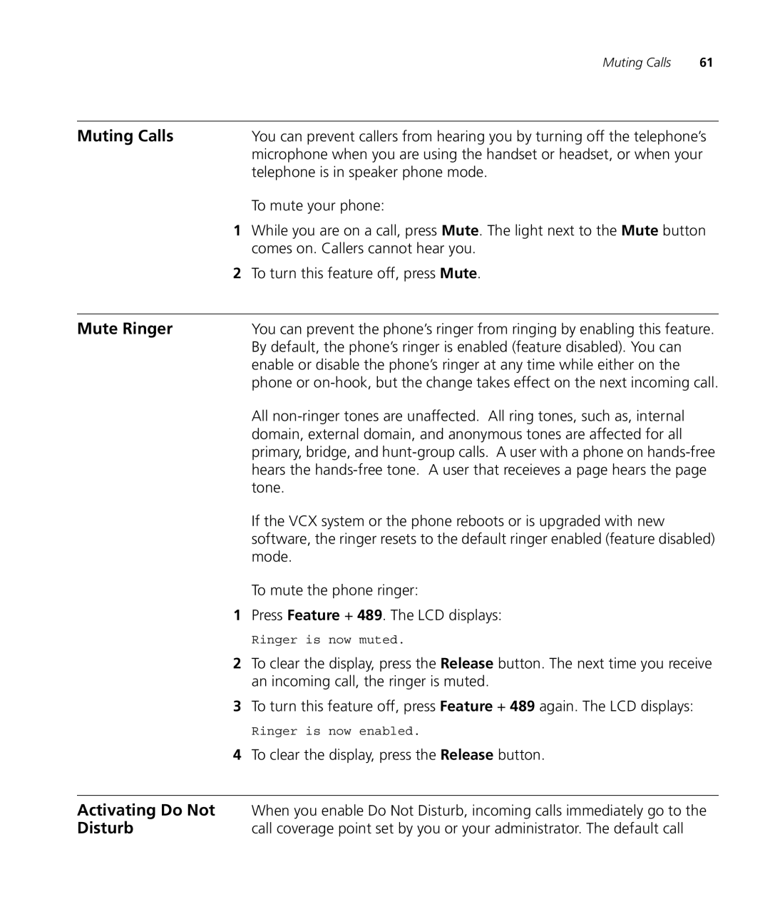 3Com VCX V7000 manual Muting Calls, Mute Ringer, Activating Do Not, Disturb 