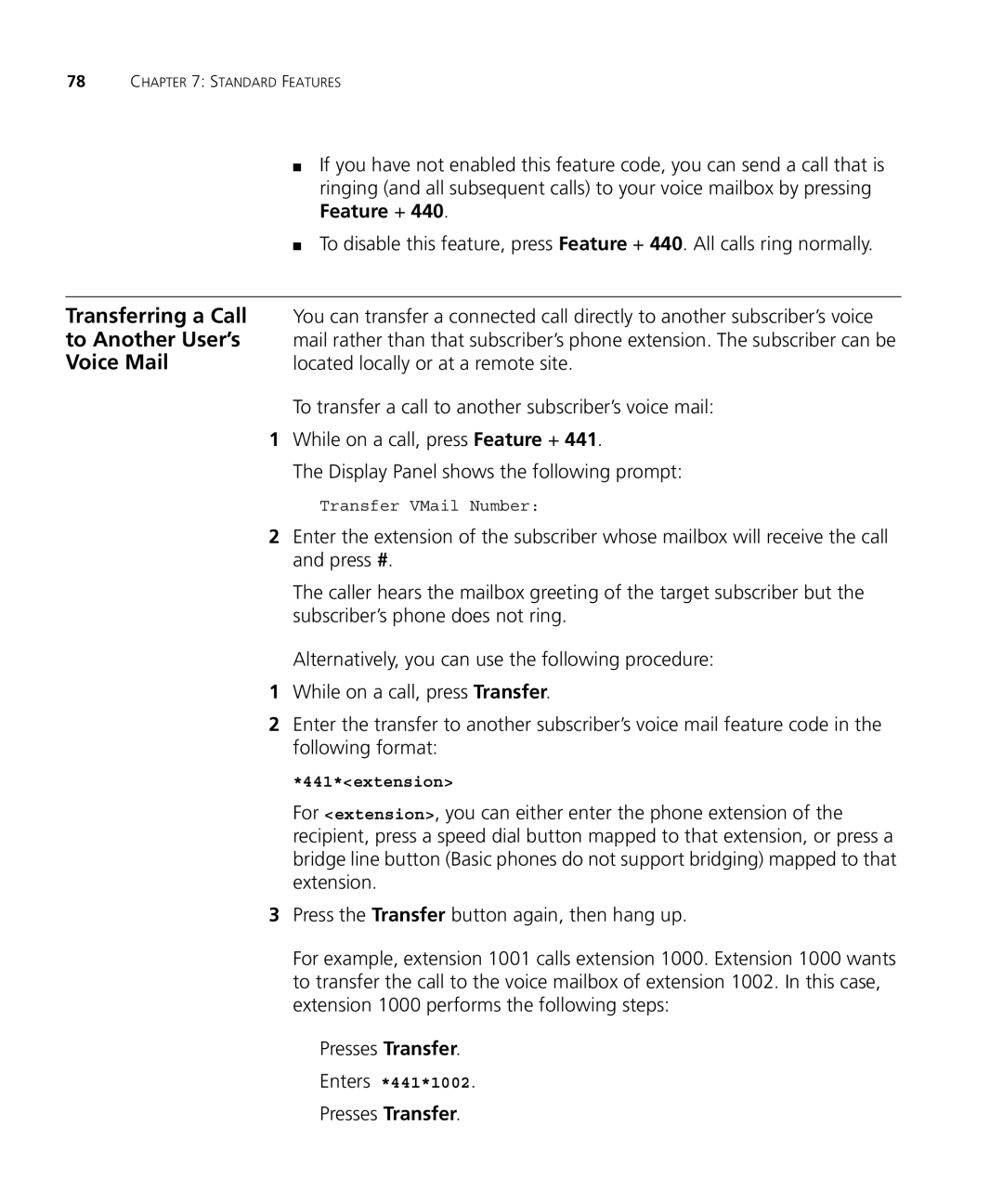 3Com VCX V7000 manual Transferring a Call, To Another User’s, Voice Mail, Located locally or at a remote site 