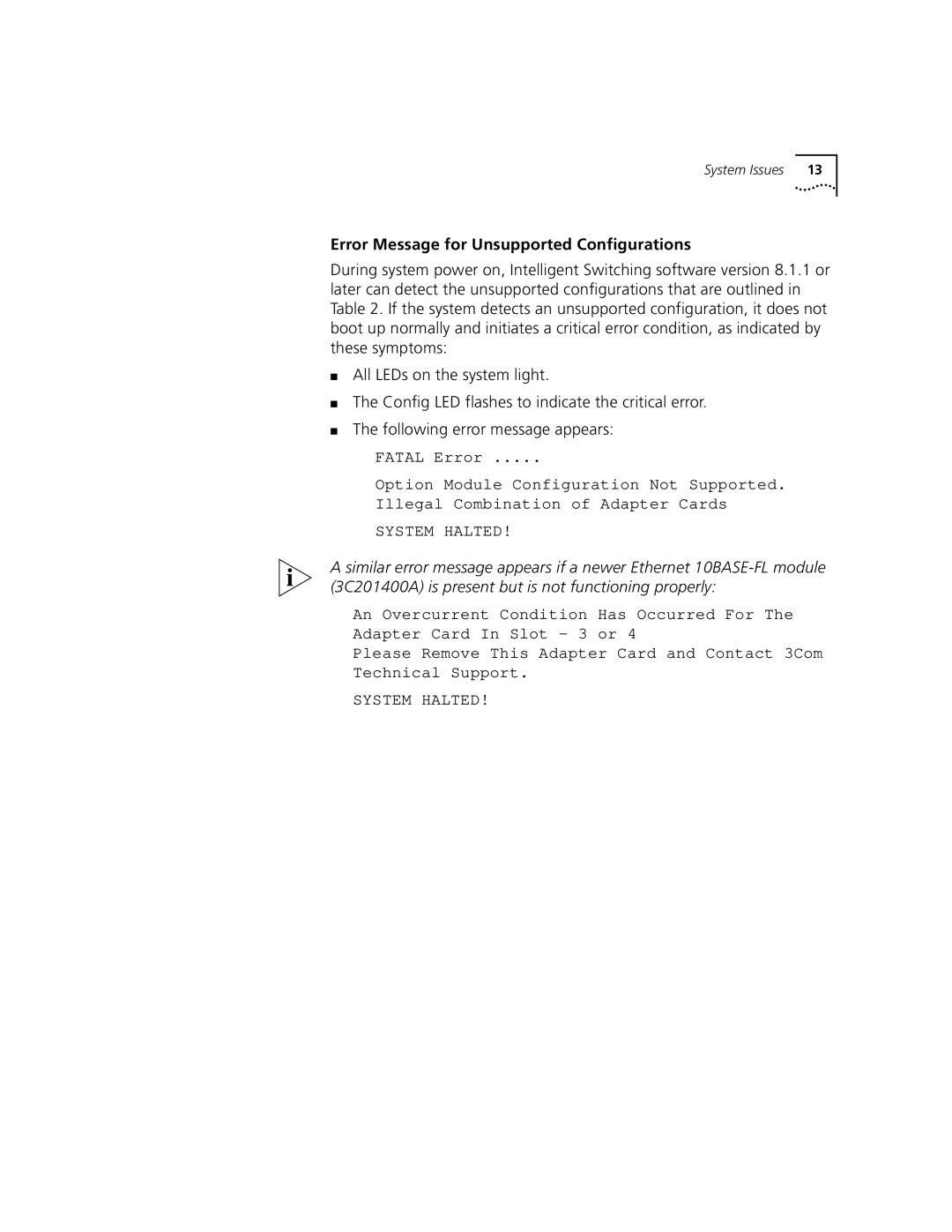 3Com Version 8.1.2 manual Error Message for Unsupported Configurations, System Halted 