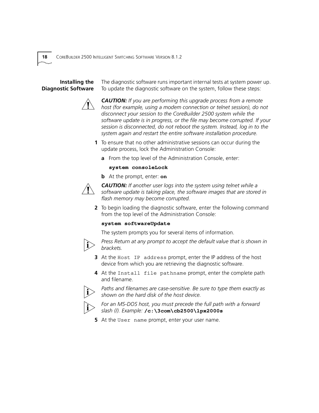 3Com Version 8.1.2 manual System softwareUpdate, System prompts you for several items of information 