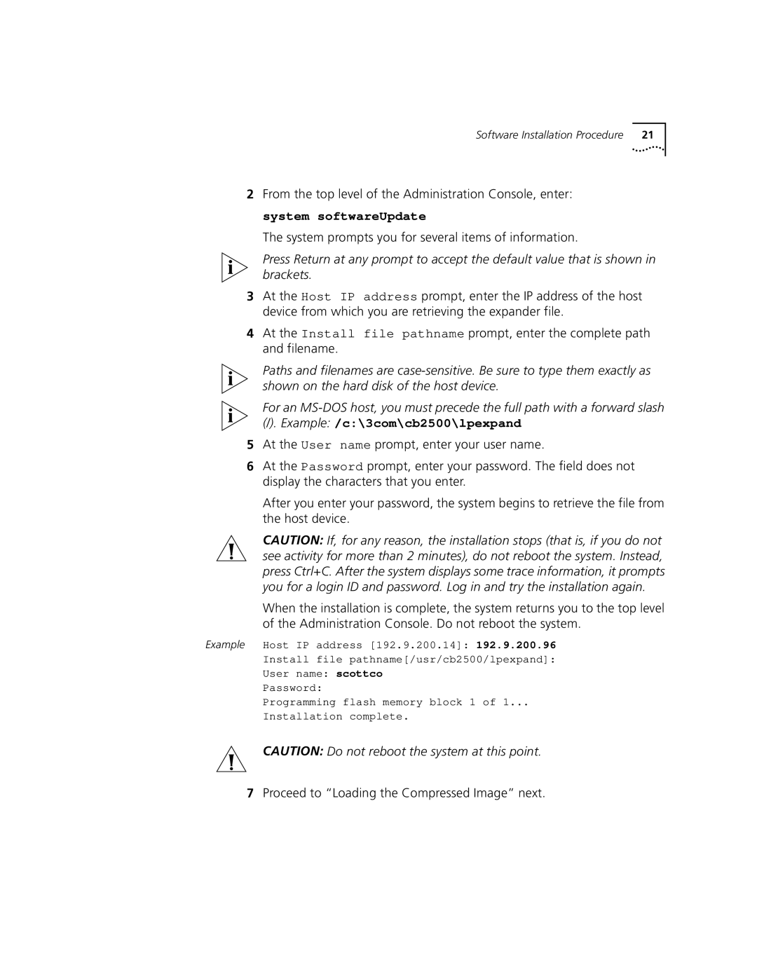 3Com Version 8.1.2 manual Example /c\3com\cb2500\lpexpand, Proceed to Loading the Compressed Image next 