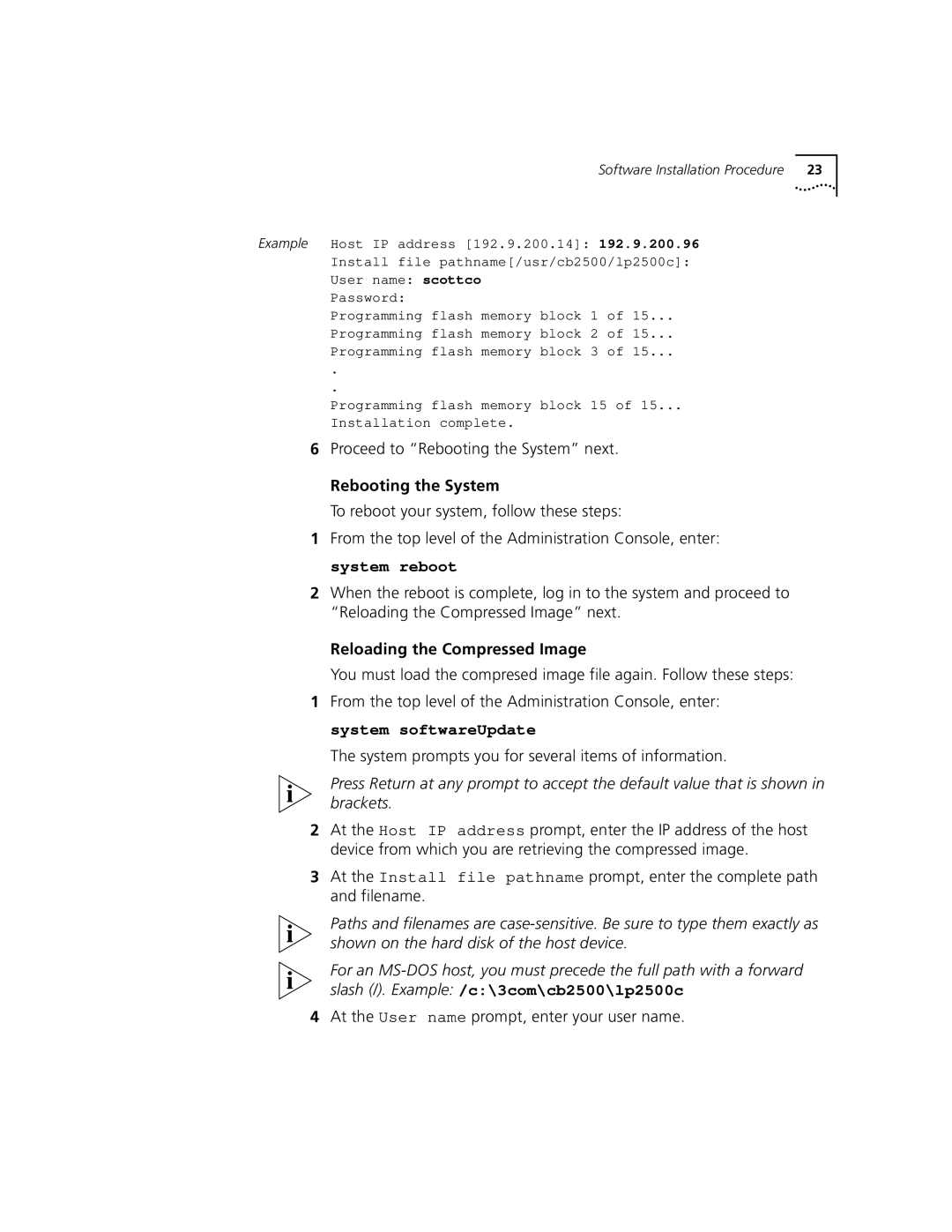 3Com Version 8.1.2 manual Proceed to Rebooting the System next, Reloading the Compressed Image 