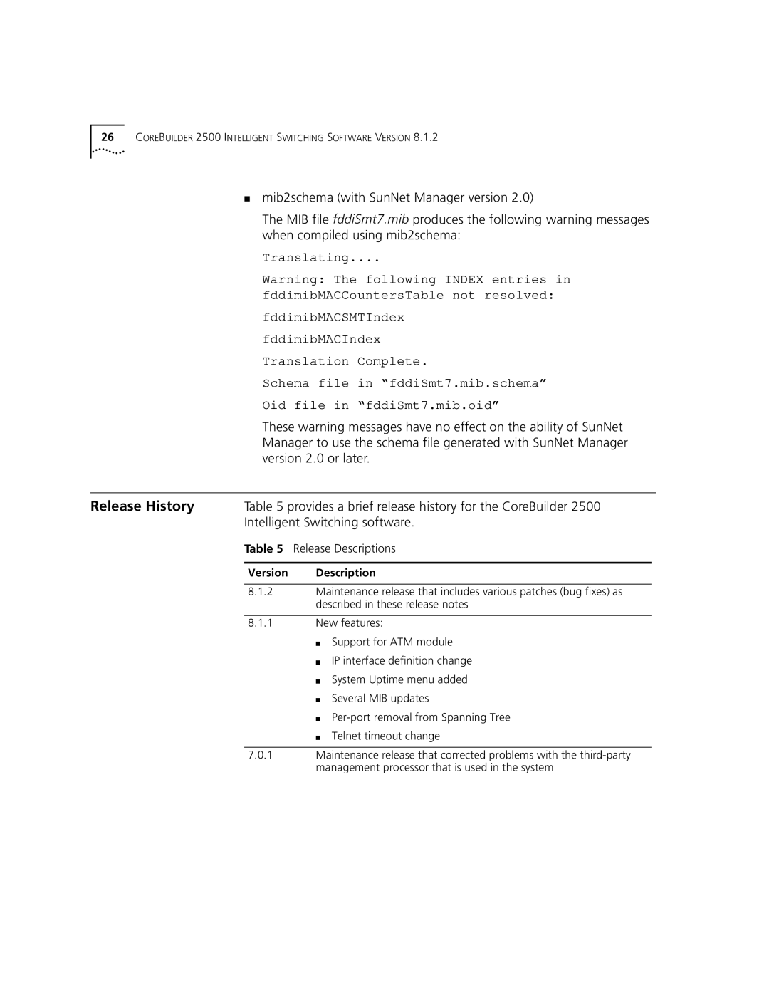 3Com Version 8.1.2 manual Release History, Intelligent Switching software, Release Descriptions, Version Description 