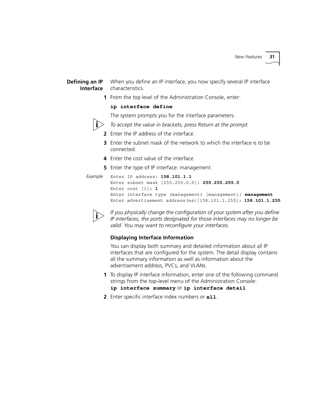 3Com Version 8.1.2 manual Displaying Interface Information, Ip interface summary or ip interface detail 