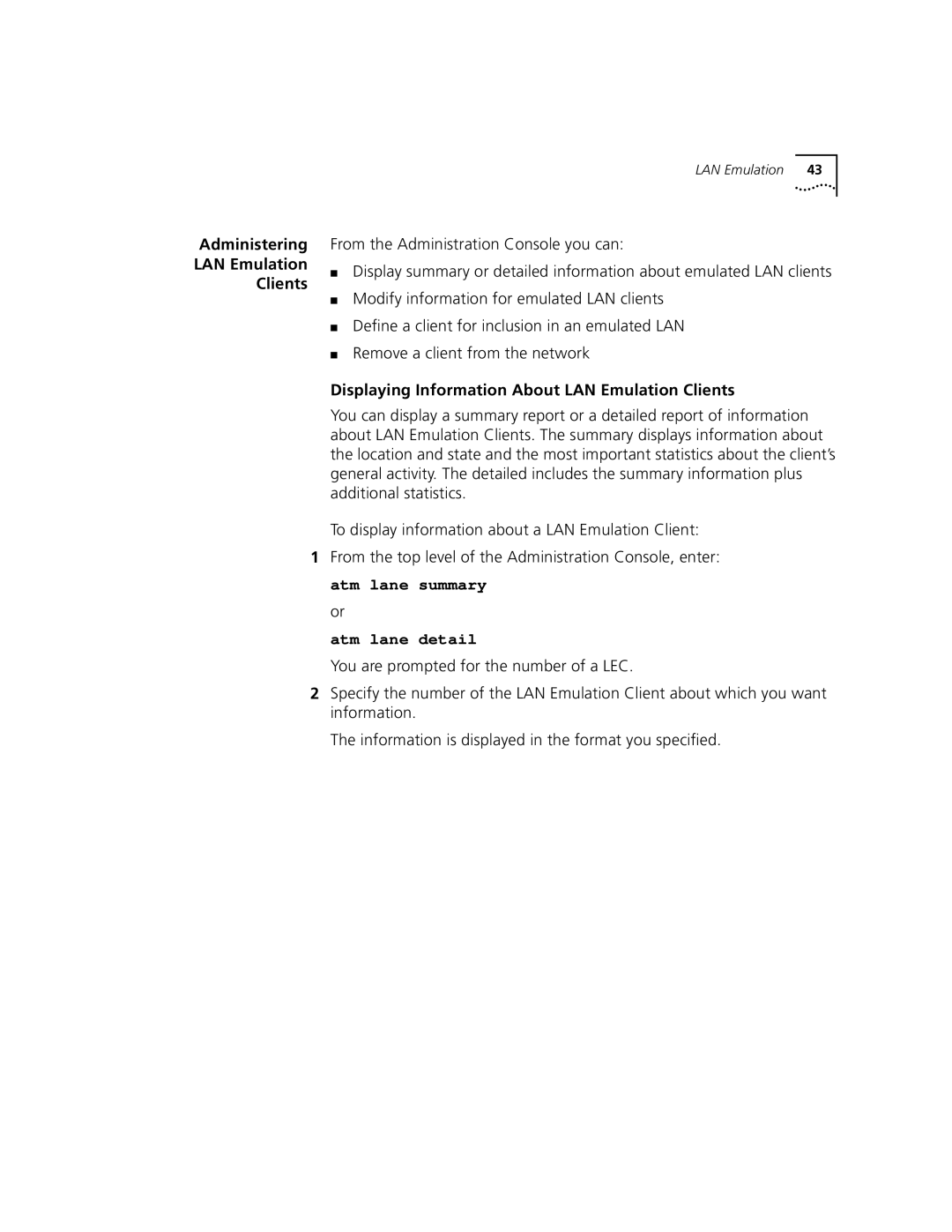 3Com Version 8.1.2 manual Administering LAN Emulation Clients, Displaying Information About LAN Emulation Clients 