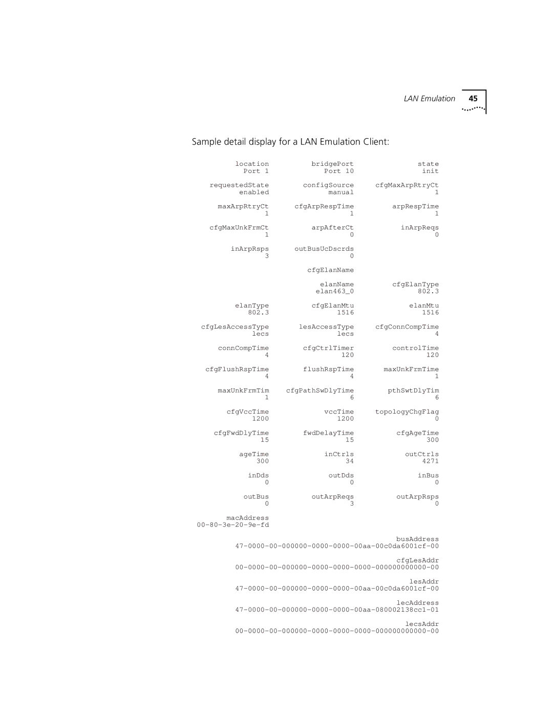 3Com Version 8.1.2 manual Sample detail display for a LAN Emulation Client 