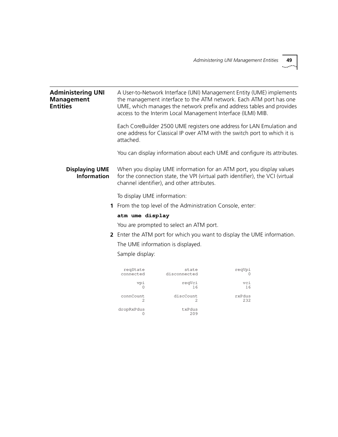 3Com Version 8.1.2 manual Administering UNI, Management, Entities, Displaying UME, Information 