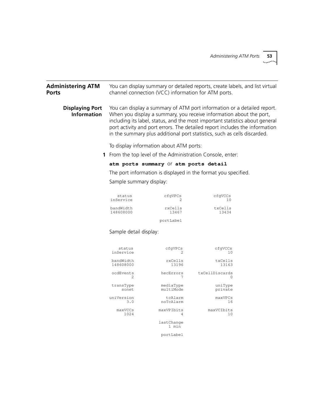 3Com Version 8.1.2 manual Administering ATM, Ports, Channel connection VCC information for ATM ports 