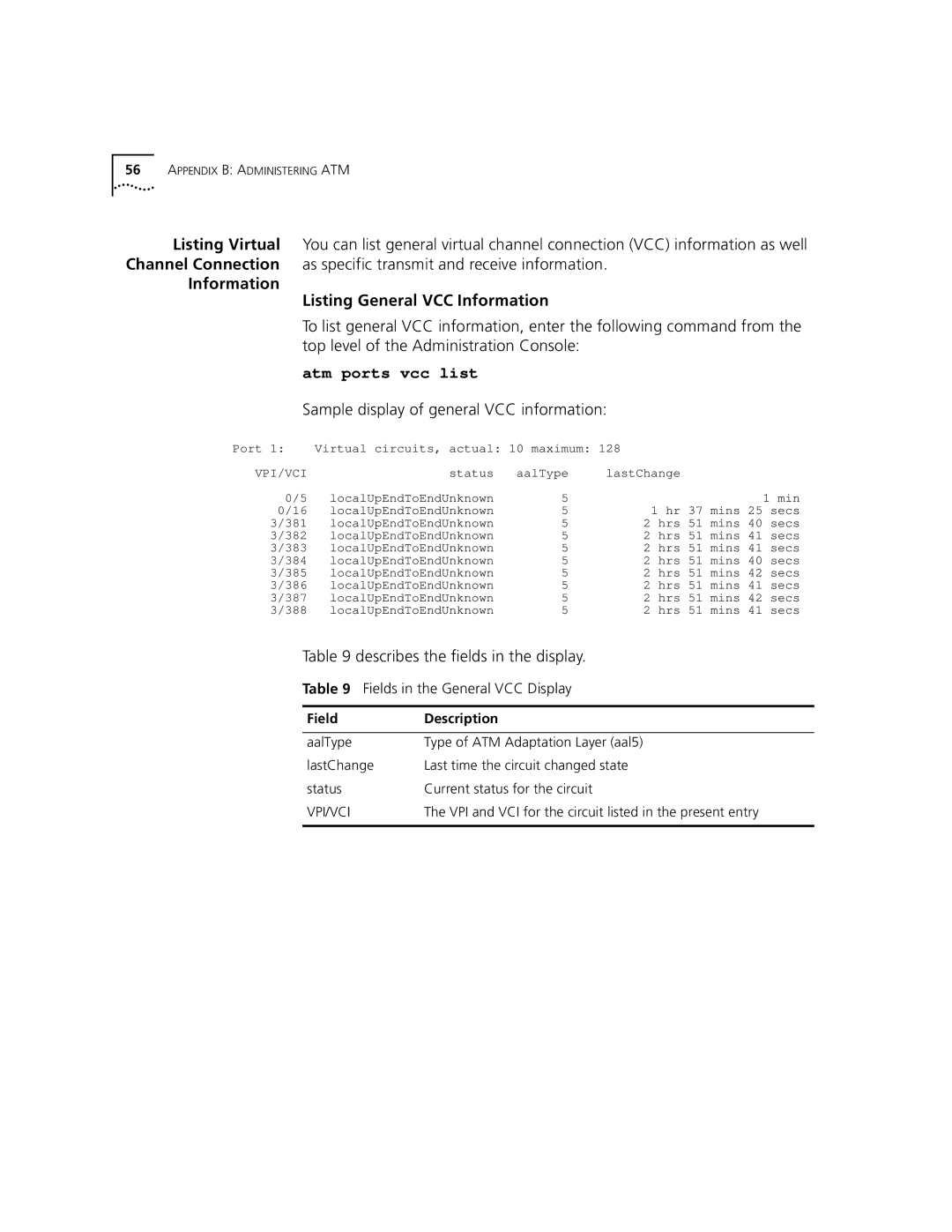 3Com Version 8.1.2 Information Listing General VCC Information, Atm ports vcc list, Describes the fields in the display 