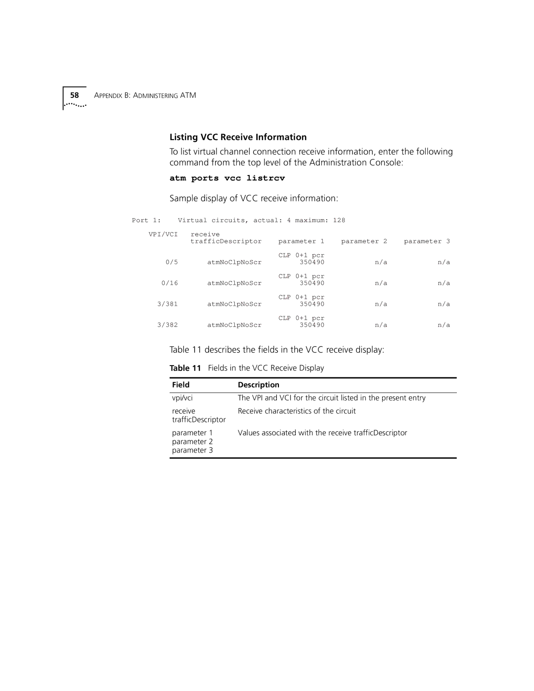 3Com Version 8.1.2 manual Listing VCC Receive Information, Atm ports vcc listrcv, Sample display of VCC receive information 