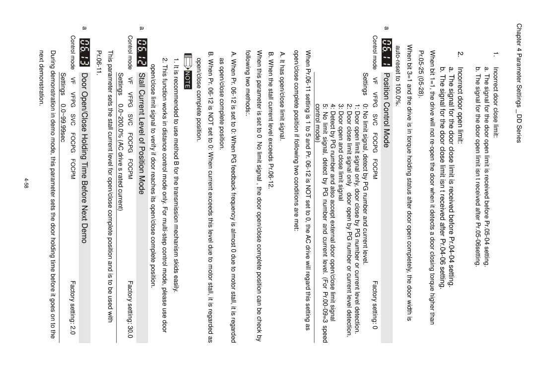 3Com VFD-D D Position Control Mode, Stall Current Level of Position Mode, Door Open/Close Holding Time Before Next Demo 