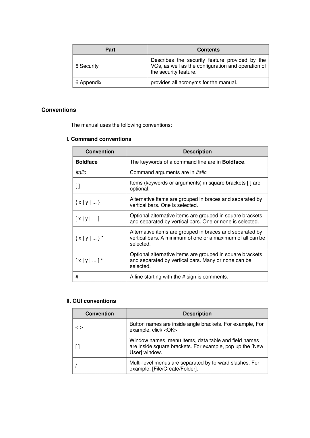 3Com VG Series operation manual Conventions, Command conventions, II. GUI conventions, Convention Description Boldface 