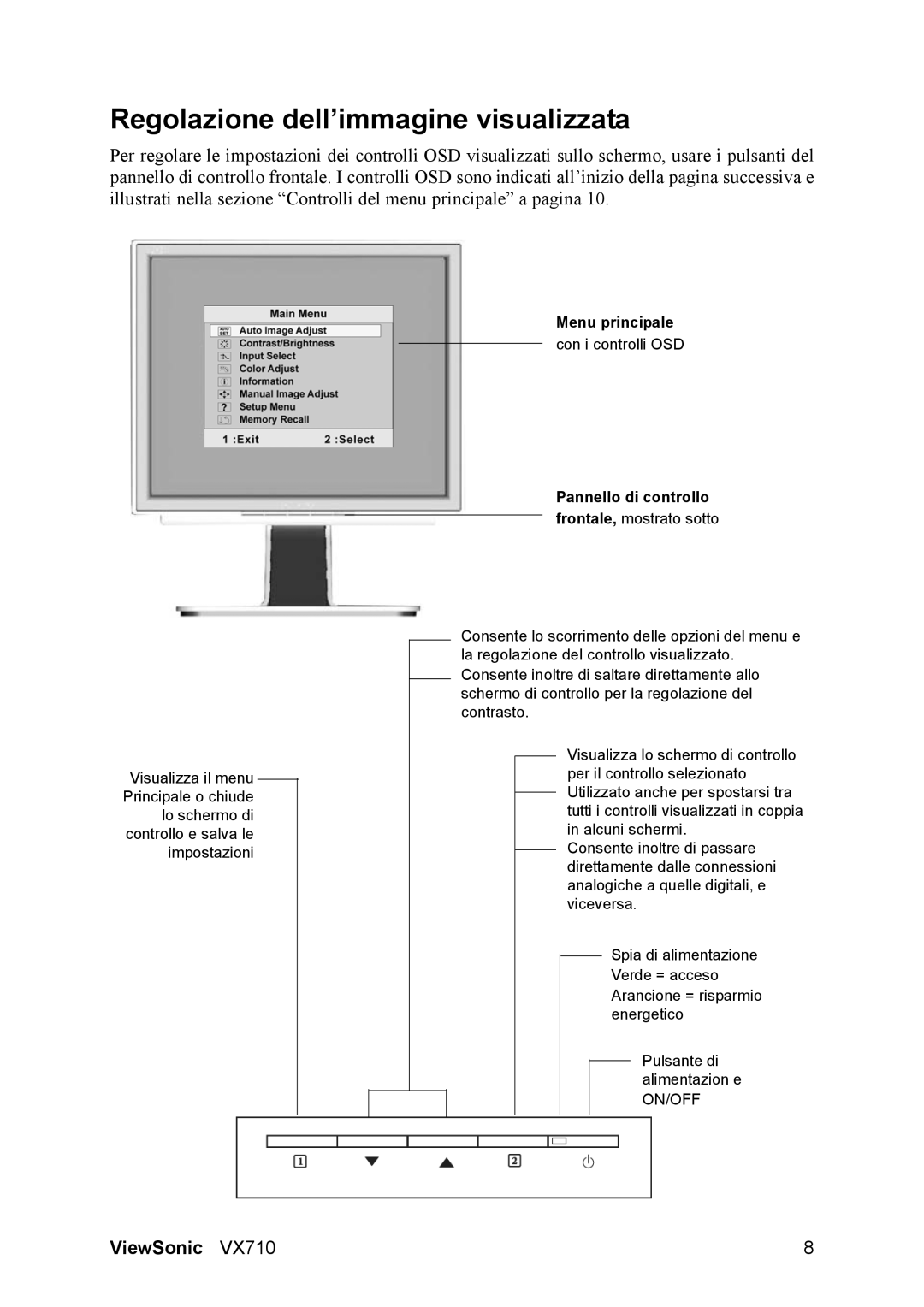 3Com VX710 manual Regolazione dell’immagine visualizzata, Pannello di controllo 