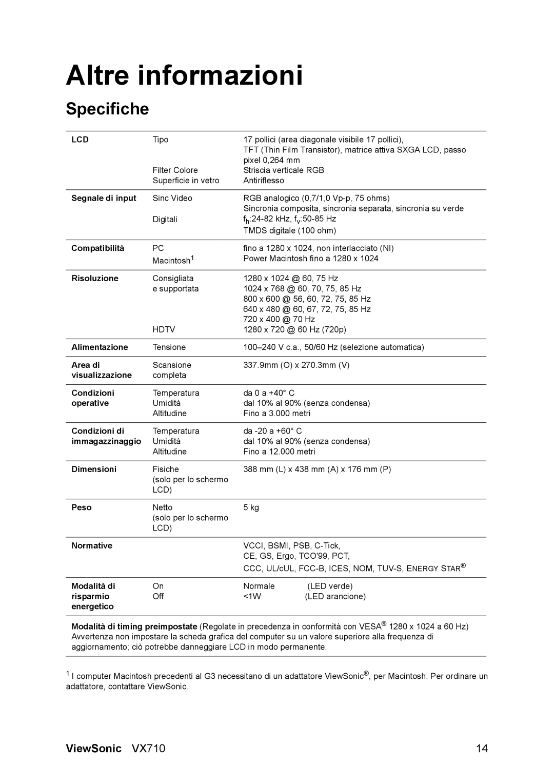 3Com VX710 manual Altre informazioni, Specifiche 