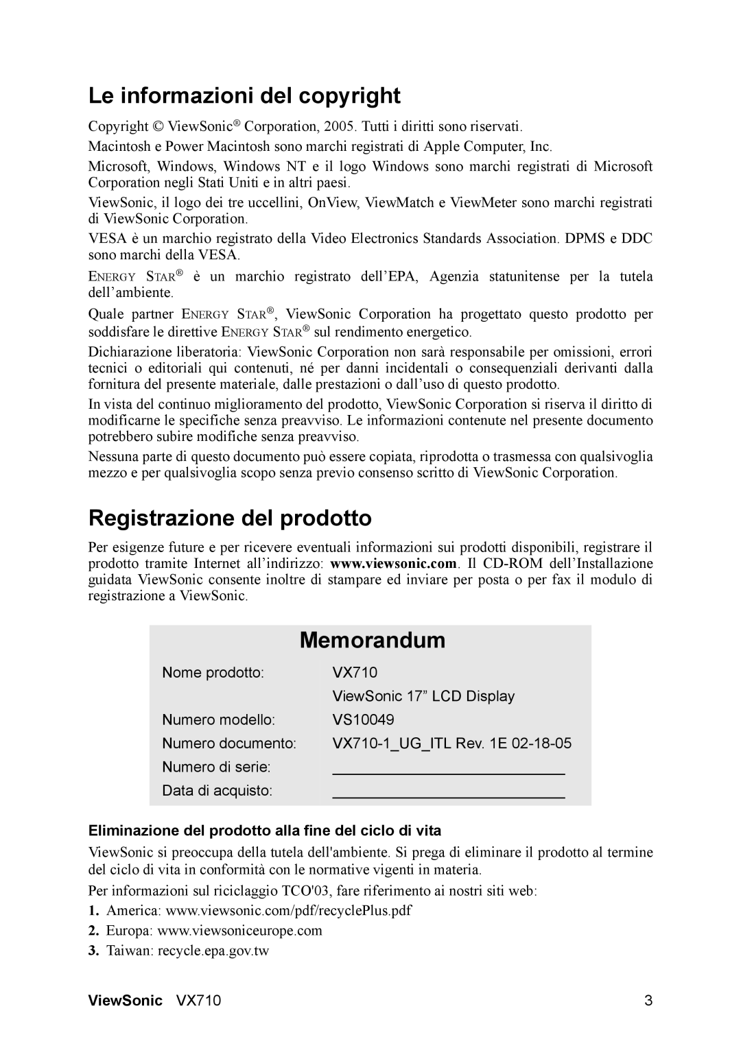 3Com VX710 manual Le informazioni del copyright, Registrazione del prodotto Memorandum 