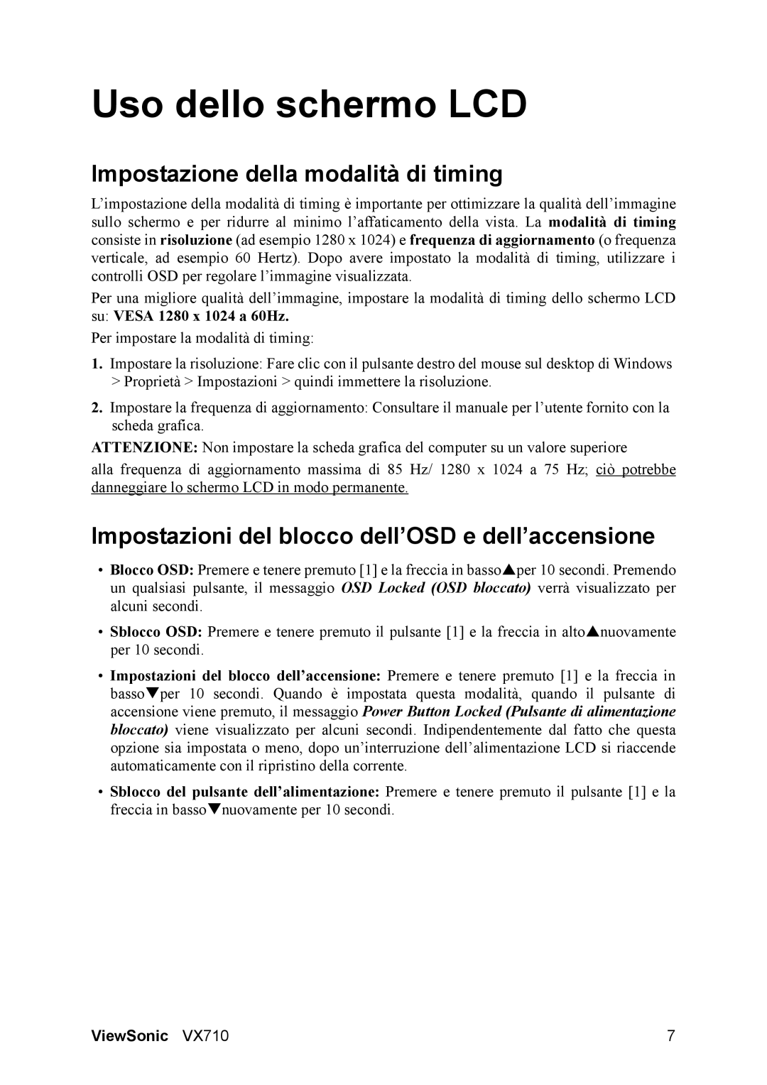 3Com VX710 manual Uso dello schermo LCD, Impostazione della modalità di timing 