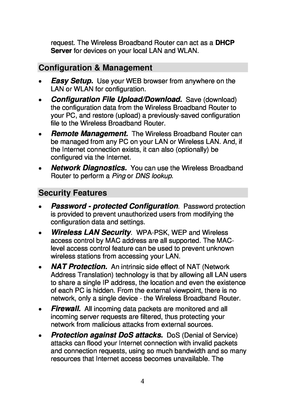 3Com WBR-6000 user manual Configuration & Management, Security Features 