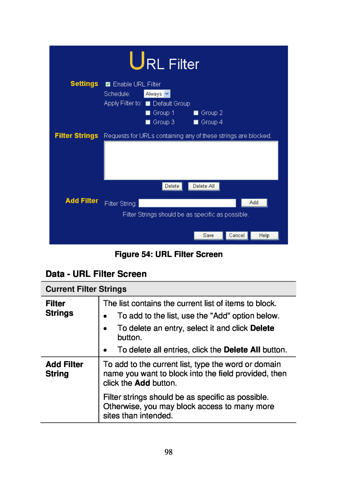 3Com WBR-6000 user manual Data - URL Filter Screen, Current Filter Strings, Add Filter 