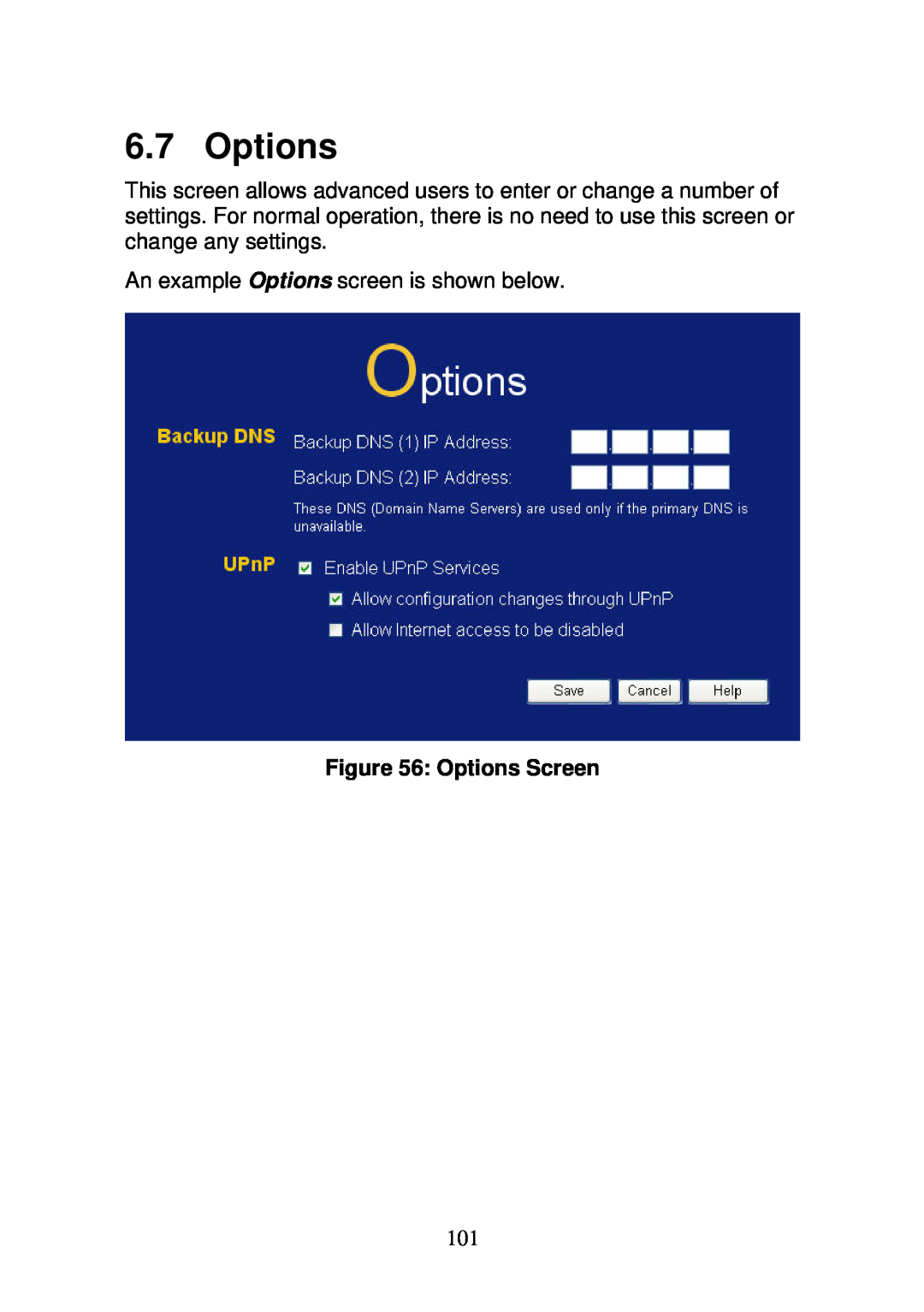 3Com WBR-6000 user manual Options Screen 