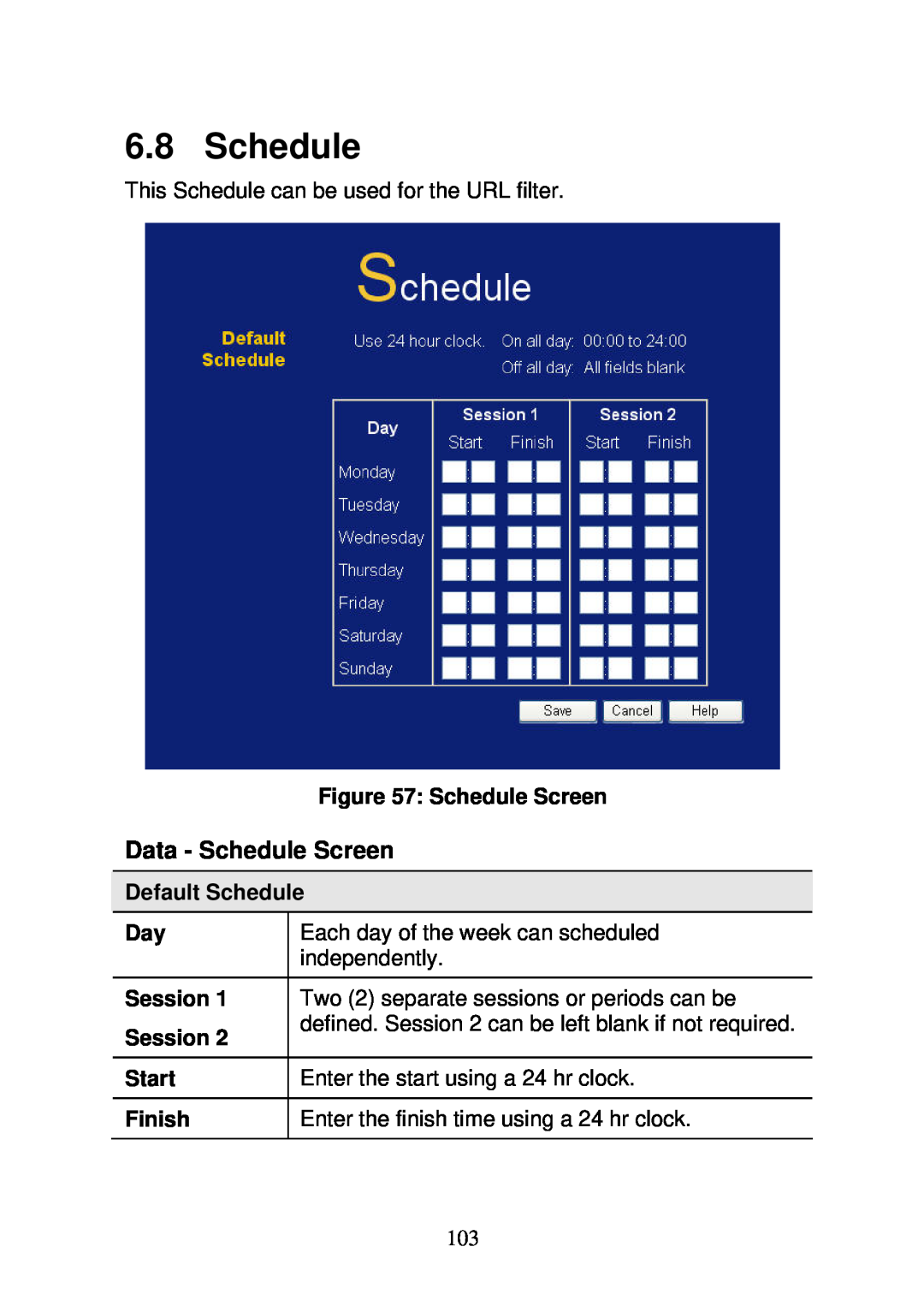 3Com WBR-6000 user manual Data - Schedule Screen, Default Schedule, Session, Start, Finish 