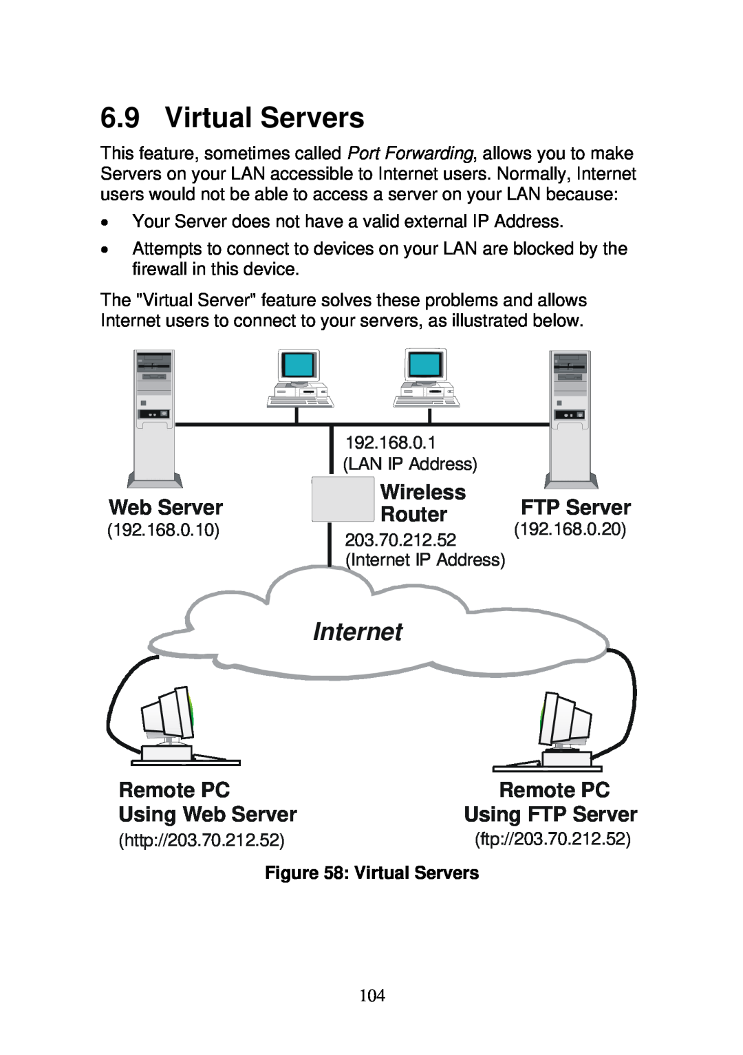 3Com WBR-6000 Virtual Servers, Internet, Wireless, Router, Remote PC, Using Web Server, Using FTP Server 