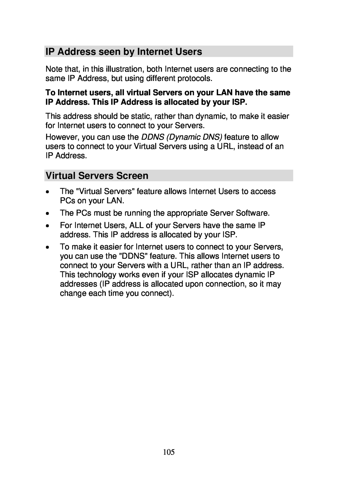 3Com WBR-6000 user manual IP Address seen by Internet Users, Virtual Servers Screen 