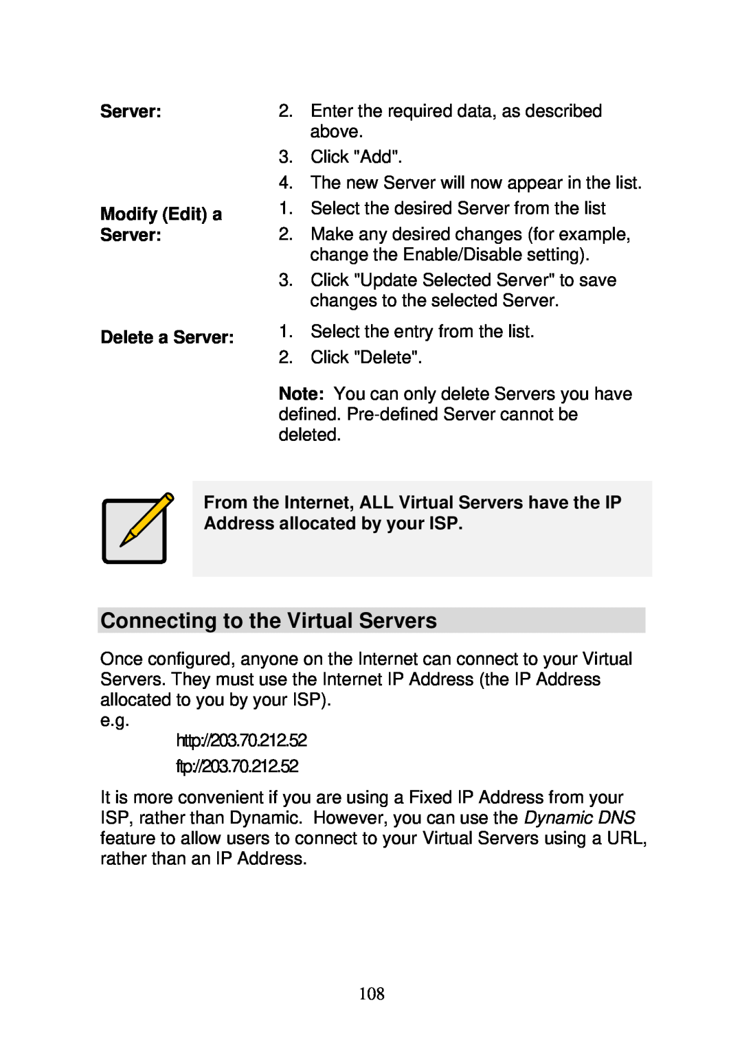 3Com WBR-6000 user manual Connecting to the Virtual Servers, Modify Edit a, Delete a Server 