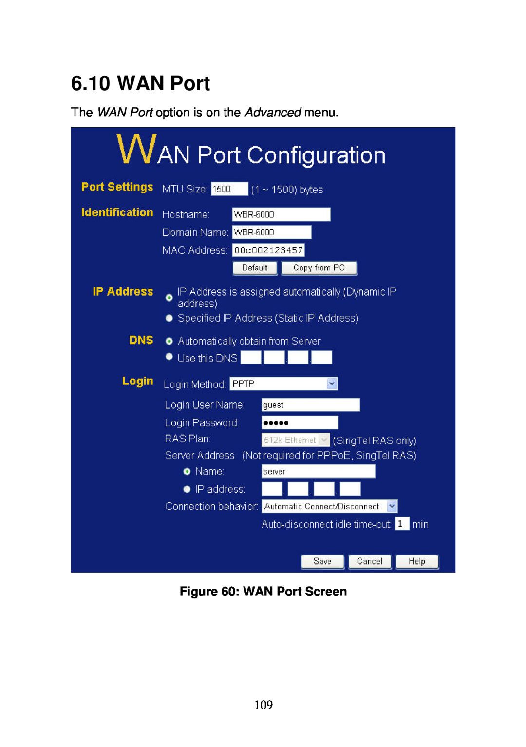 3Com WBR-6000 user manual WAN Port Screen 