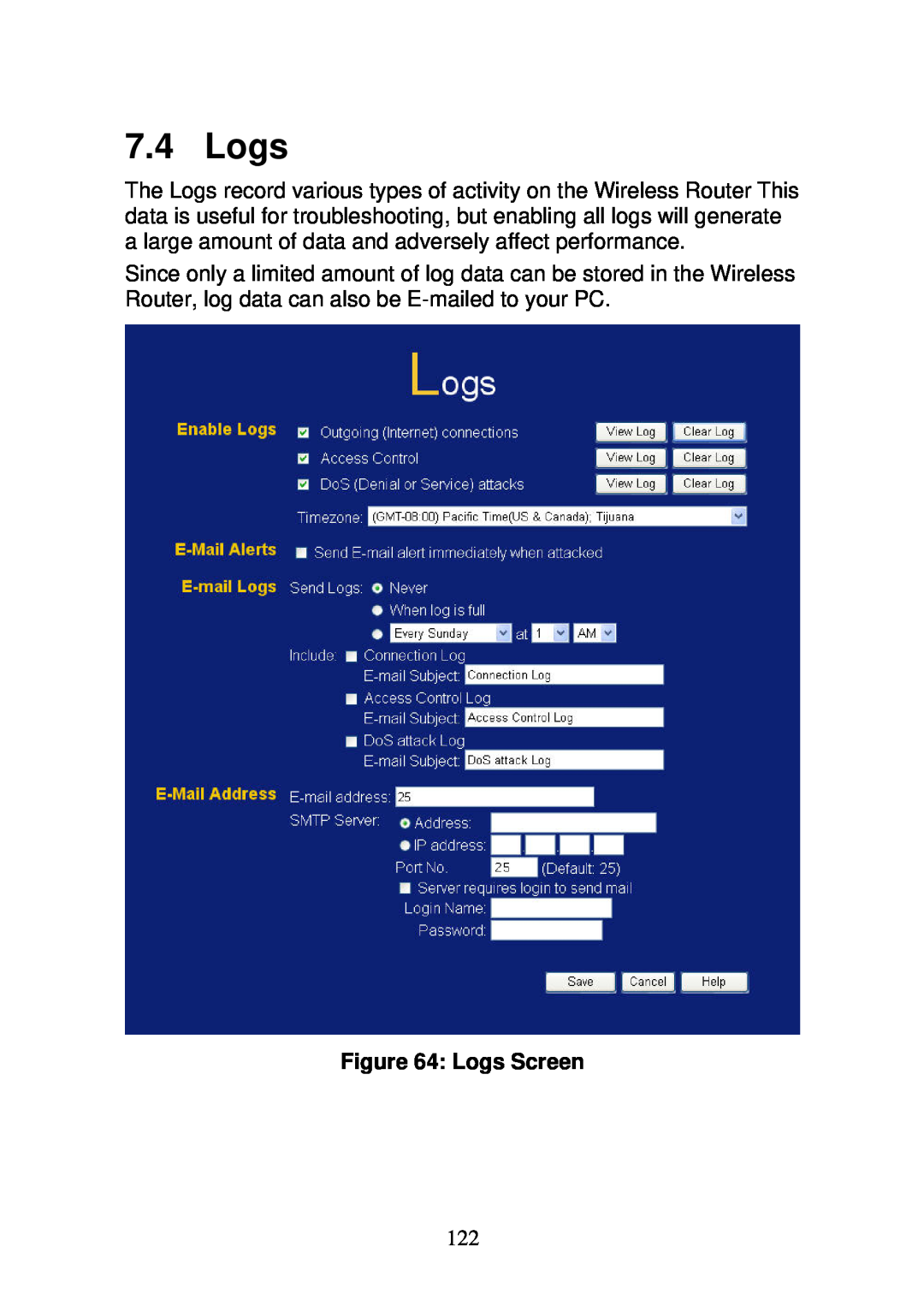 3Com WBR-6000 user manual Logs Screen 