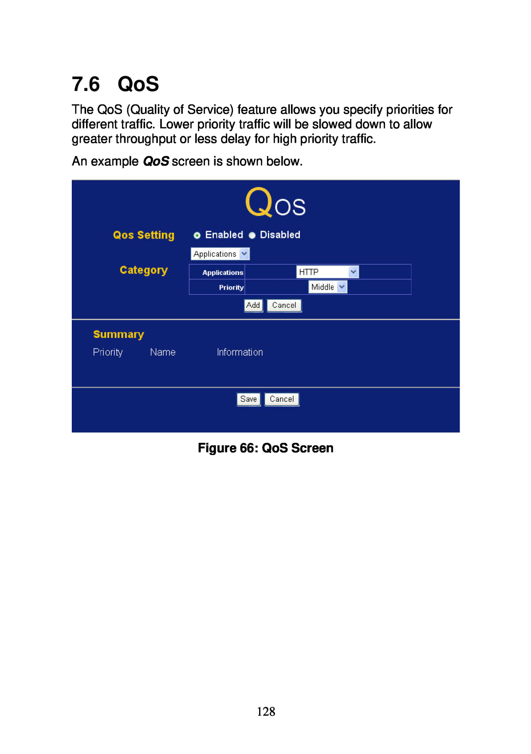 3Com WBR-6000 user manual 7.6 QoS, QoS Screen 