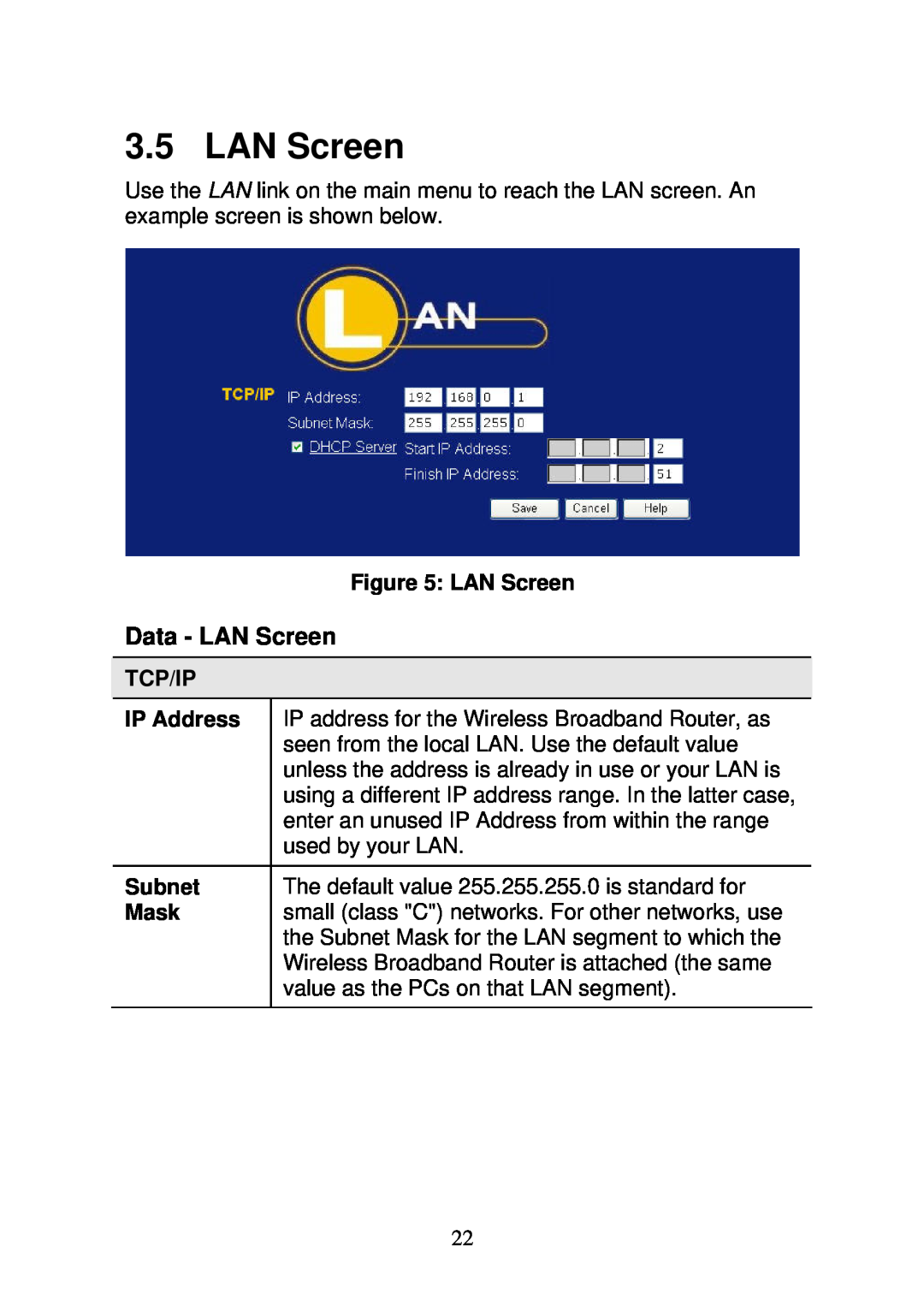 3Com WBR-6000 user manual Data - LAN Screen, Tcp/Ip, IP Address, Subnet, Mask 