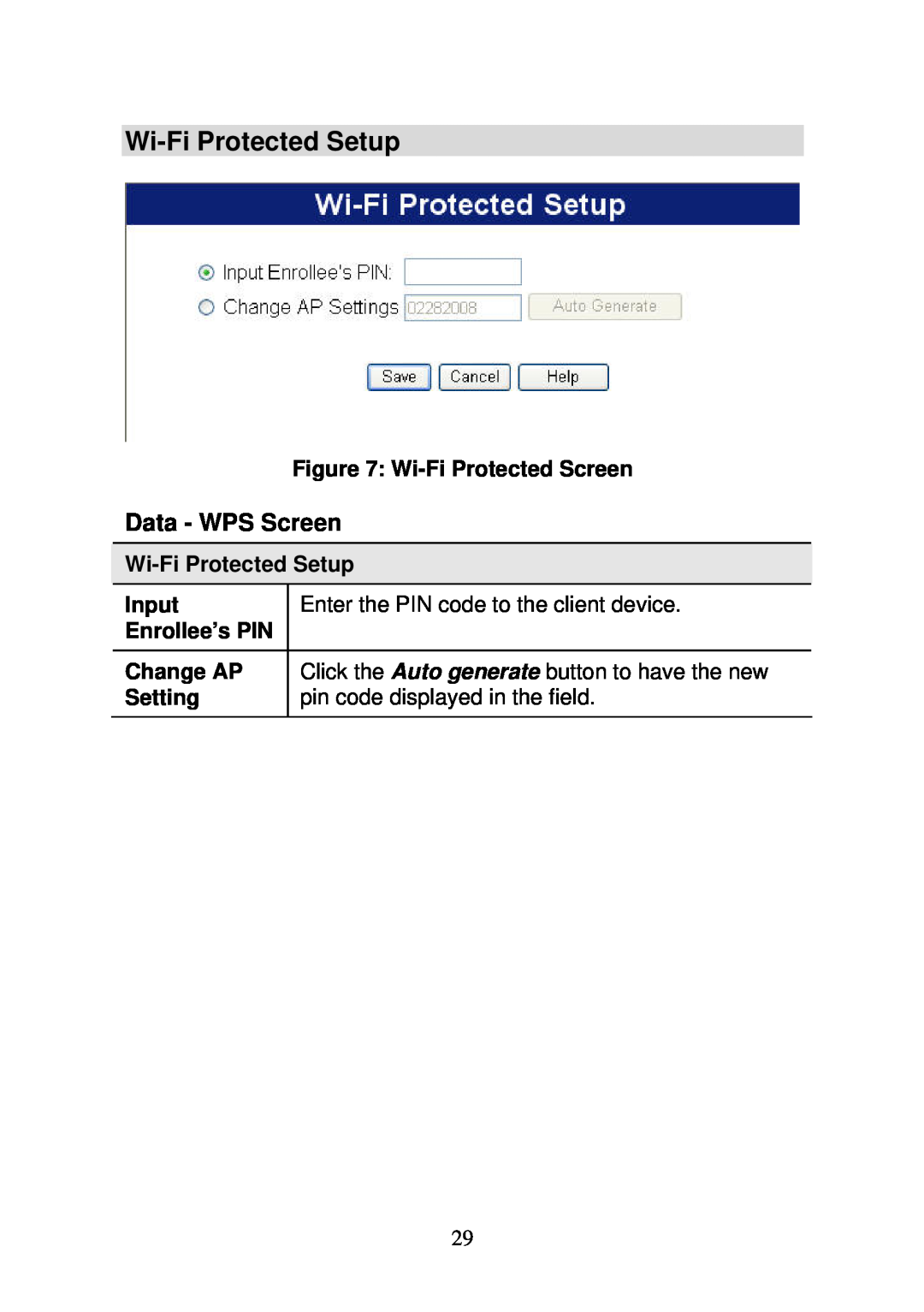 3Com WBR-6000 Wi-Fi Protected Setup, Data - WPS Screen, Wi-Fi Protected Screen, Input, Enrollee’s PIN, Change AP, Setting 