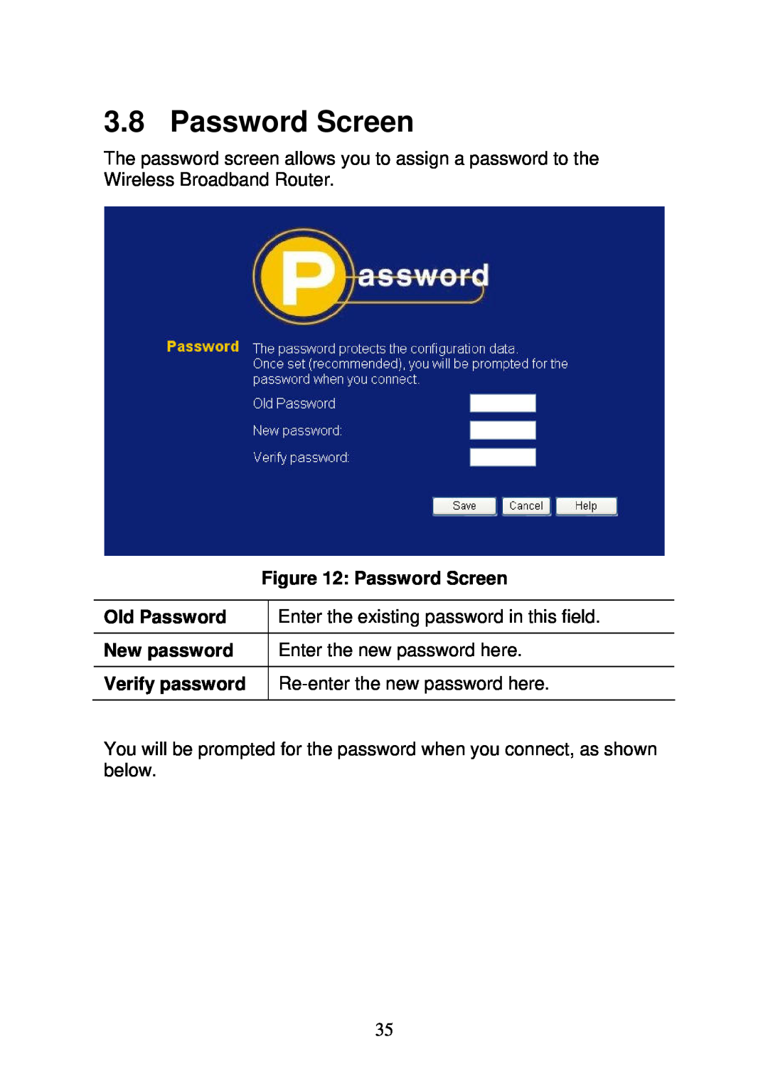 3Com WBR-6000 Password Screen, Old Password, Enter the existing password in this field, New password, Verify password 