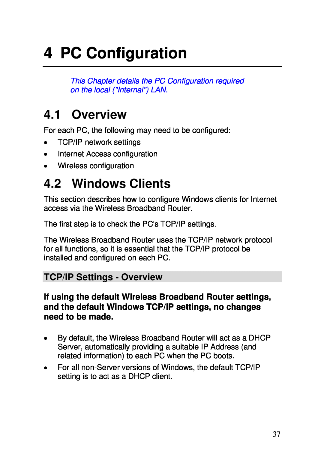 3Com WBR-6000 user manual PC Configuration, Windows Clients, TCP/IP Settings - Overview 