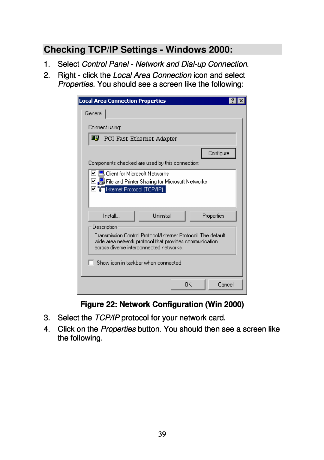 3Com WBR-6000 user manual Checking TCP/IP Settings - Windows, Select Control Panel - Network and Dial-up Connection 
