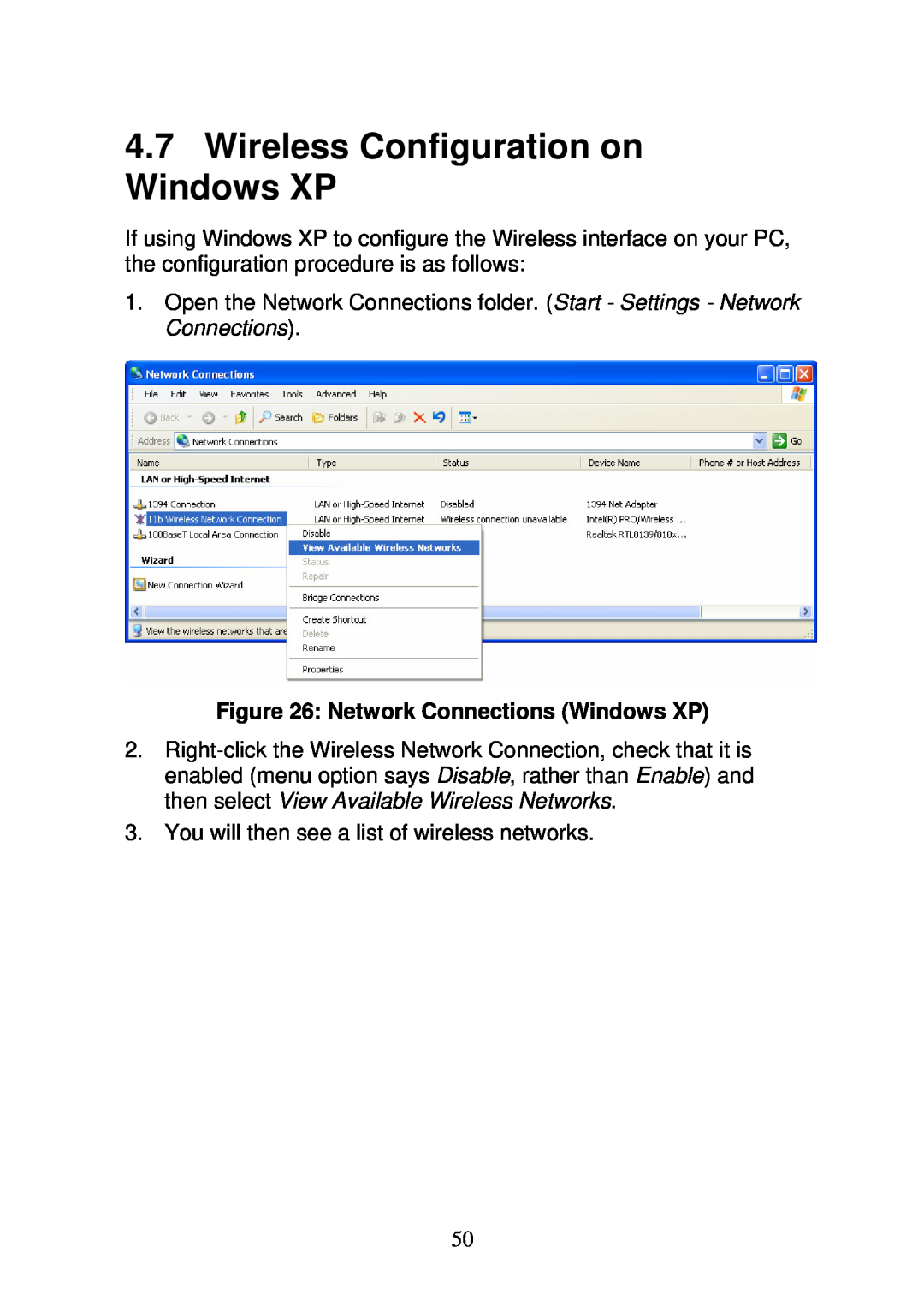 3Com WBR-6000 user manual Wireless Configuration on Windows XP, Network Connections Windows XP 