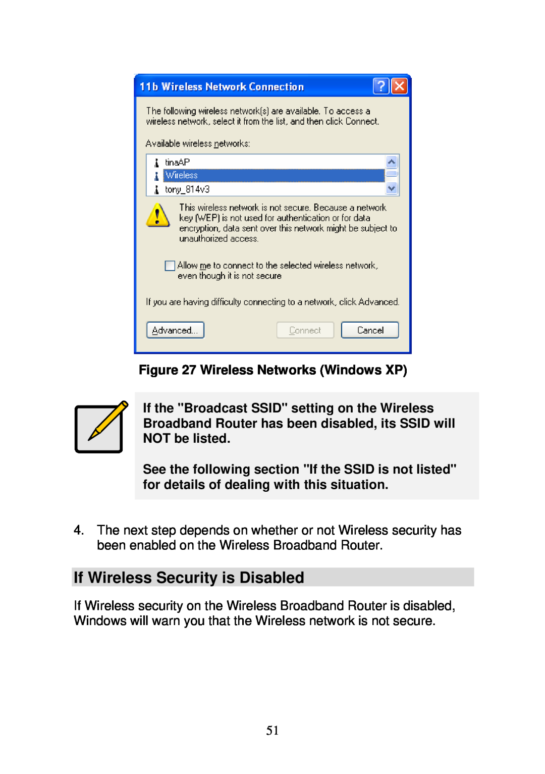 3Com WBR-6000 user manual If Wireless Security is Disabled, Wireless Networks Windows XP 