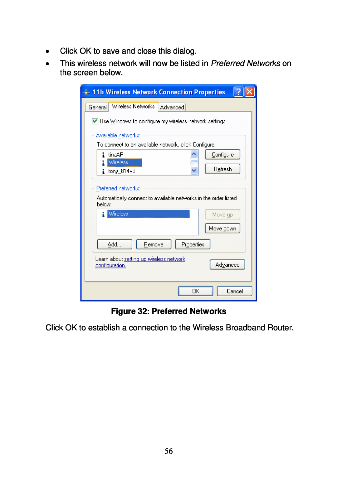 3Com WBR-6000 user manual Preferred Networks, Click OK to save and close this dialog 