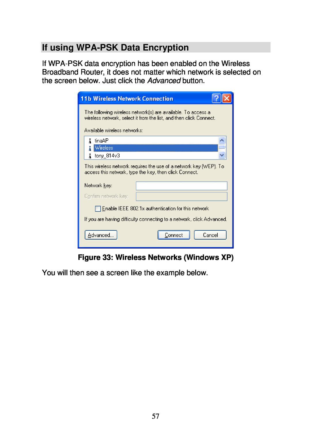 3Com WBR-6000 user manual If using WPA-PSK Data Encryption, Wireless Networks Windows XP 