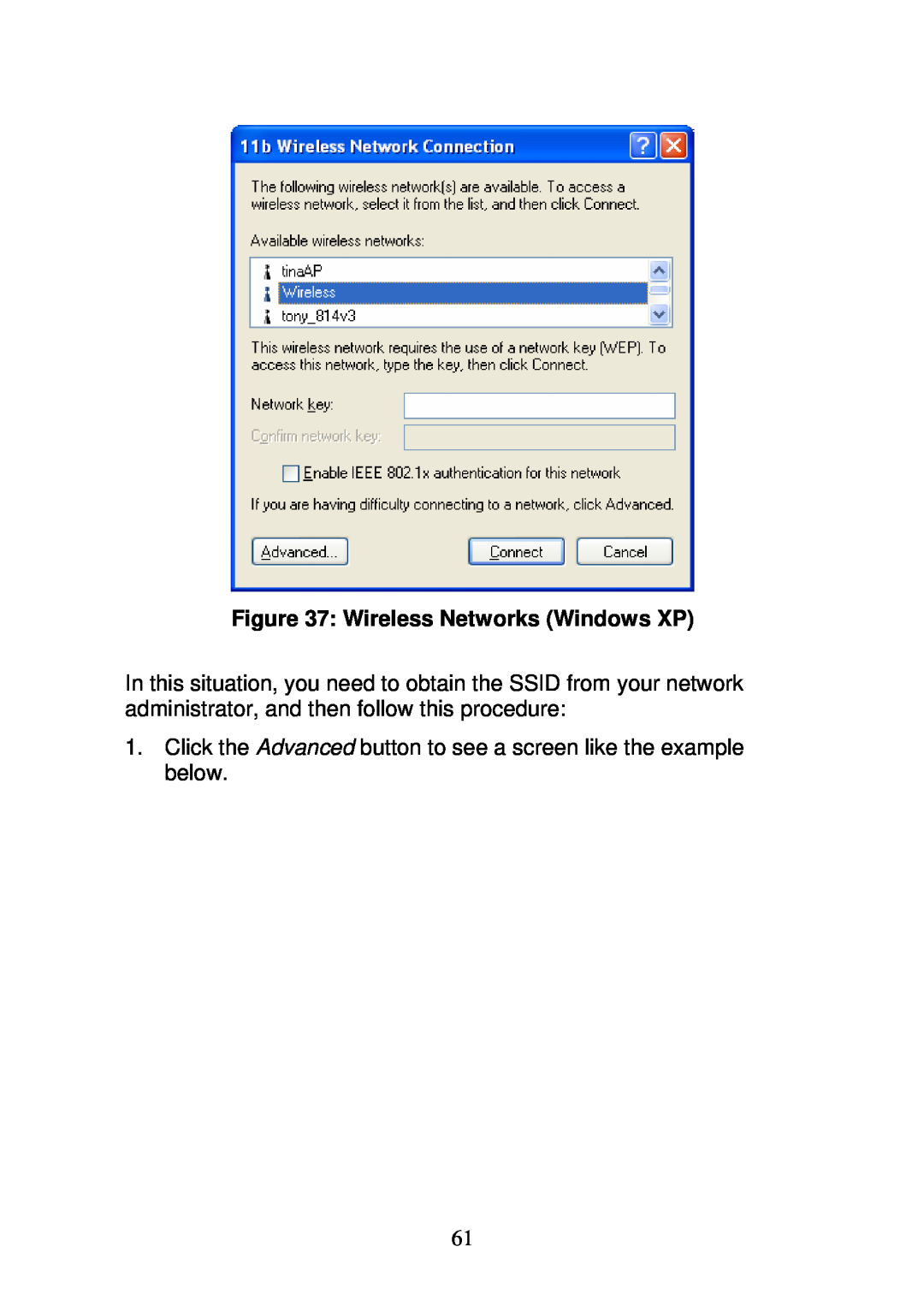 3Com WBR-6000 user manual Wireless Networks Windows XP, Click the Advanced button to see a screen like the example below 