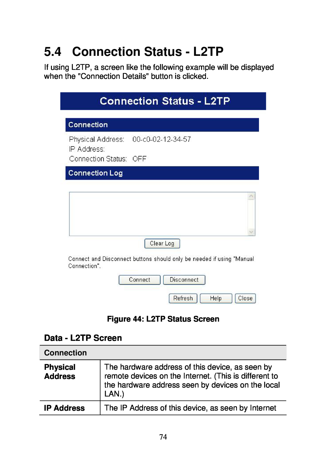 3Com WBR-6000 user manual Connection Status - L2TP, Data - L2TP Screen, L2TP Status Screen, Physical, IP Address 