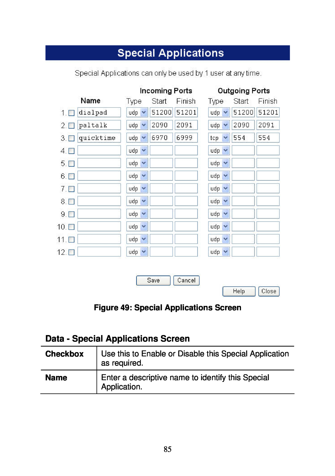 3Com WBR-6000 user manual Data - Special Applications Screen, Checkbox Name 