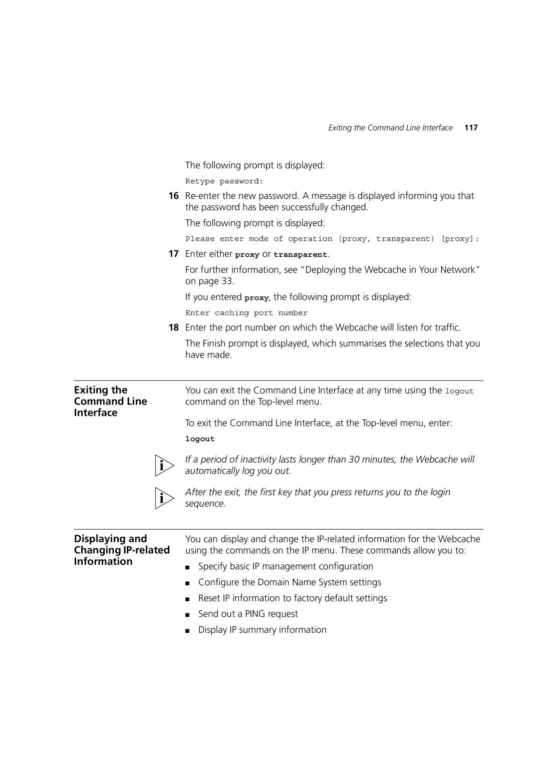 3Com Webcache 3000 (3C16116) Exiting, Displaying Changing IP-related Information, Command on the Top-level menu, Sequence 
