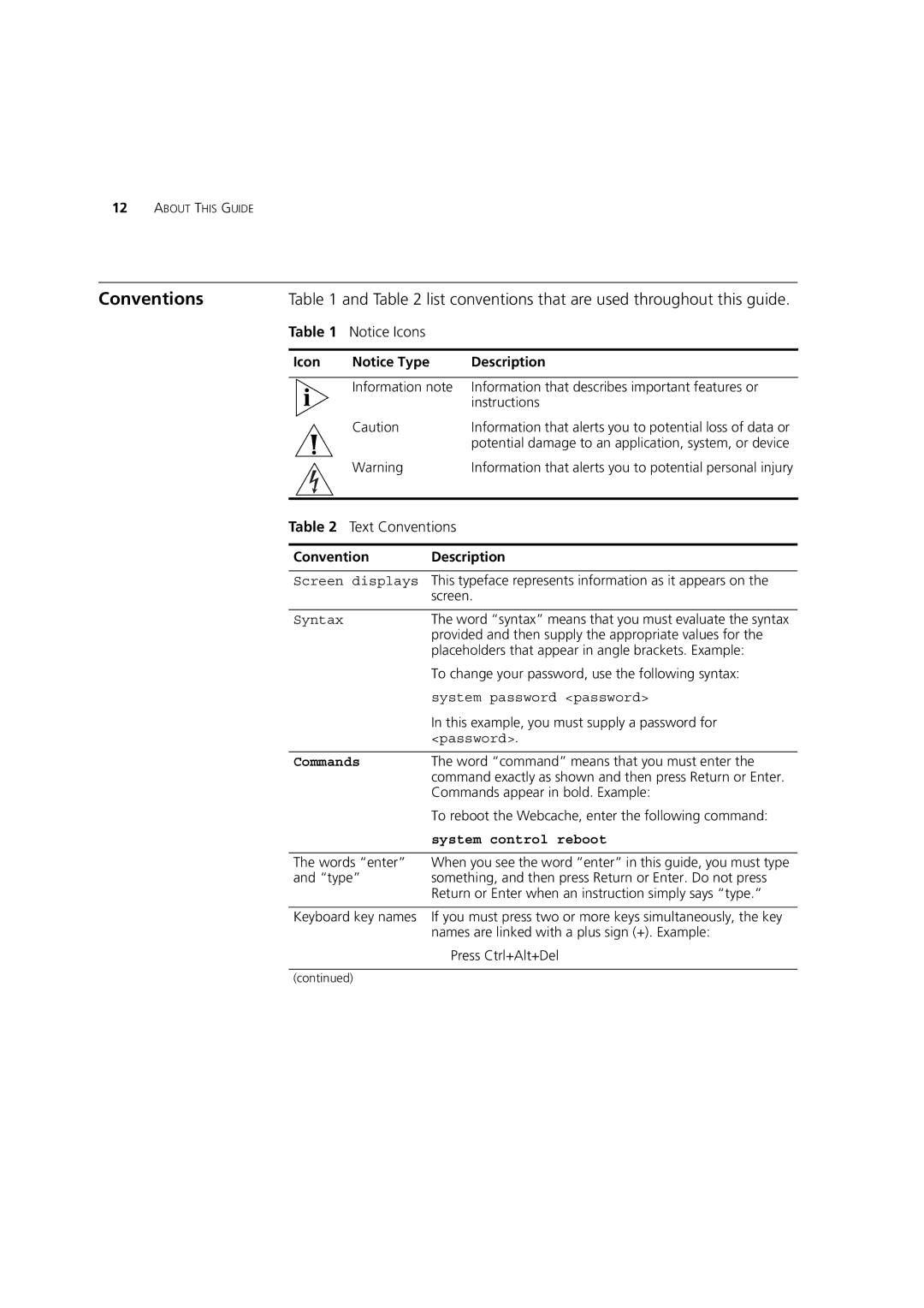 3Com Webcache 1000 (3C16115), Webcache 3000 (3C16116) manual Conventions, Icon Description, Convention Description 