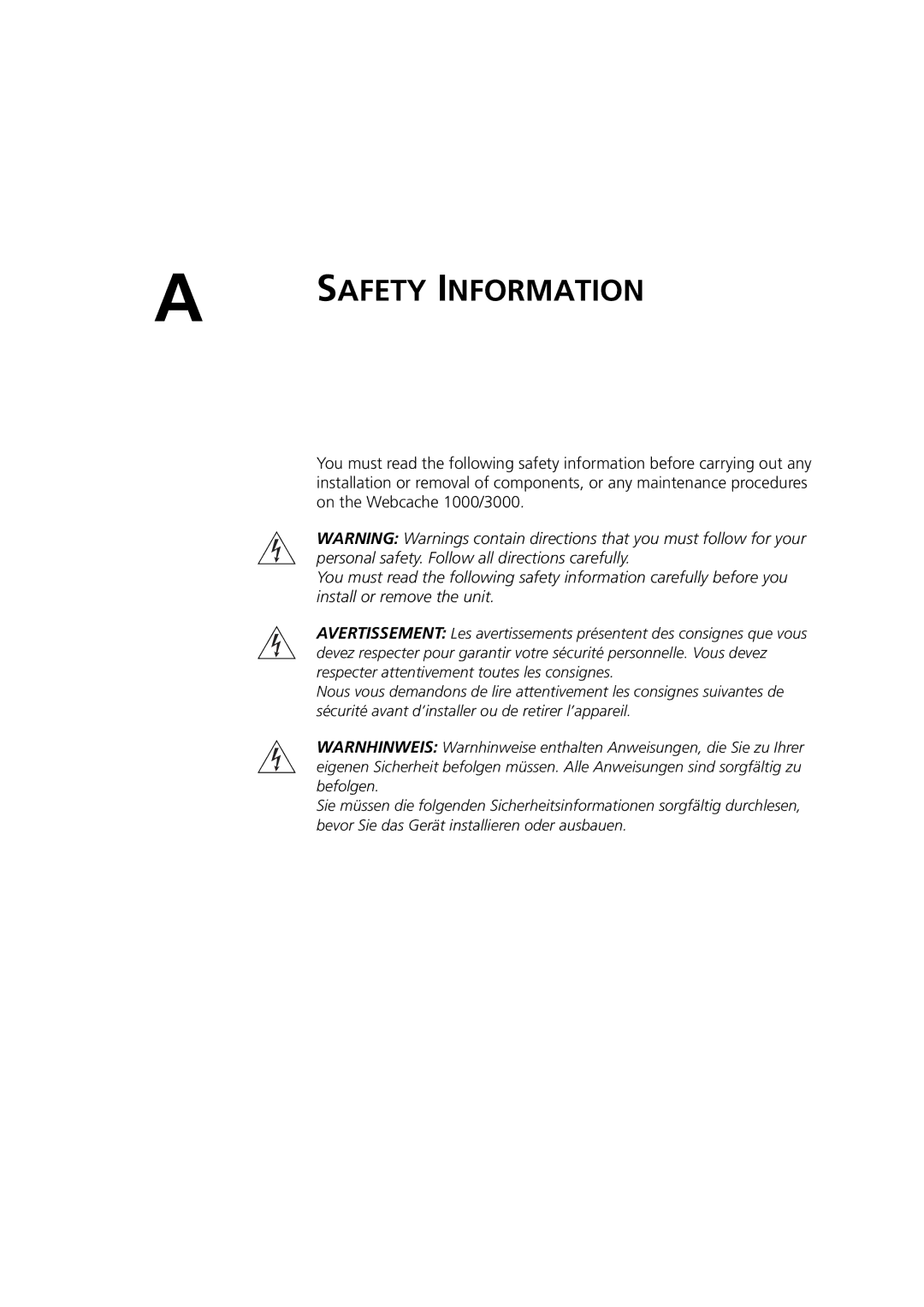 3Com Webcache 3000 (3C16116), Webcache 1000 (3C16115) manual Safety Information 