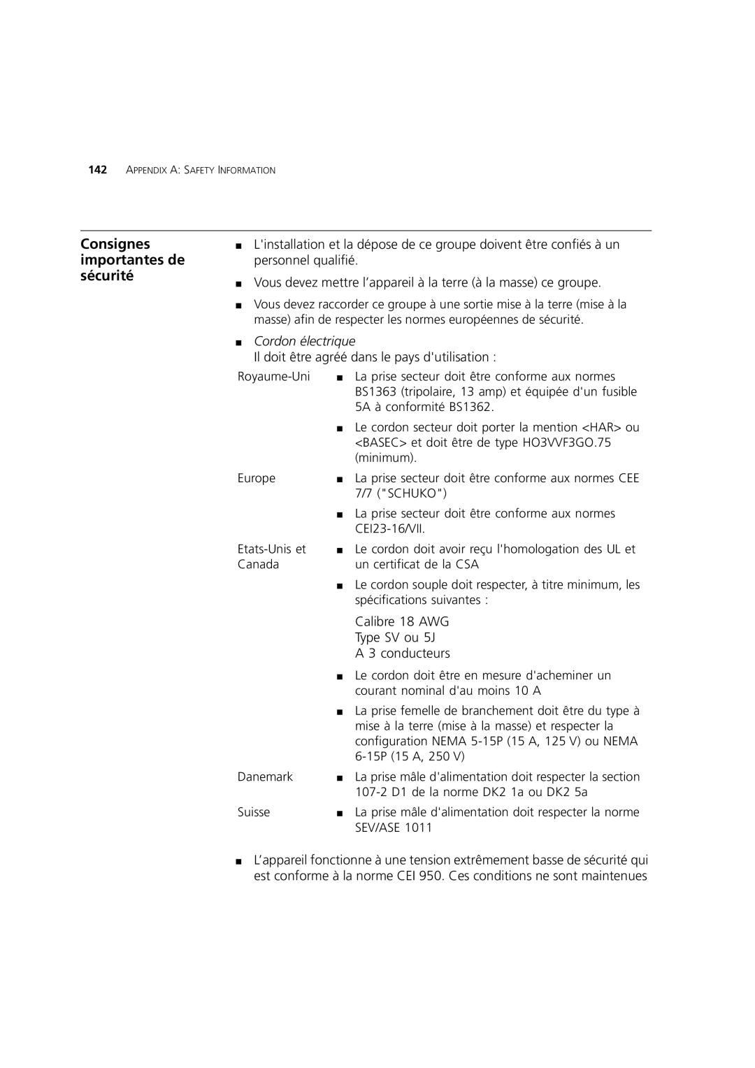 3Com Webcache 1000 (3C16115), Webcache 3000 (3C16116) manual Consignes importantes de sécurité, Cordon électrique 