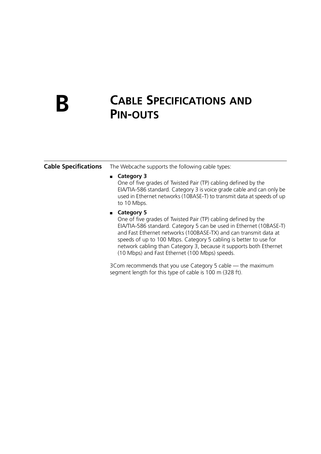 3Com Webcache 3000 (3C16116), Webcache 1000 (3C16115) manual Pin -Outs, Category 