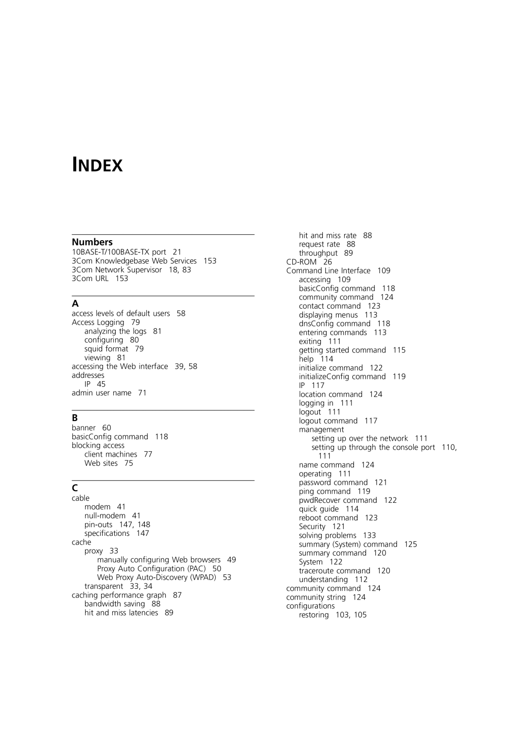 3Com Webcache 3000 (3C16116), Webcache 1000 (3C16115) manual Index 